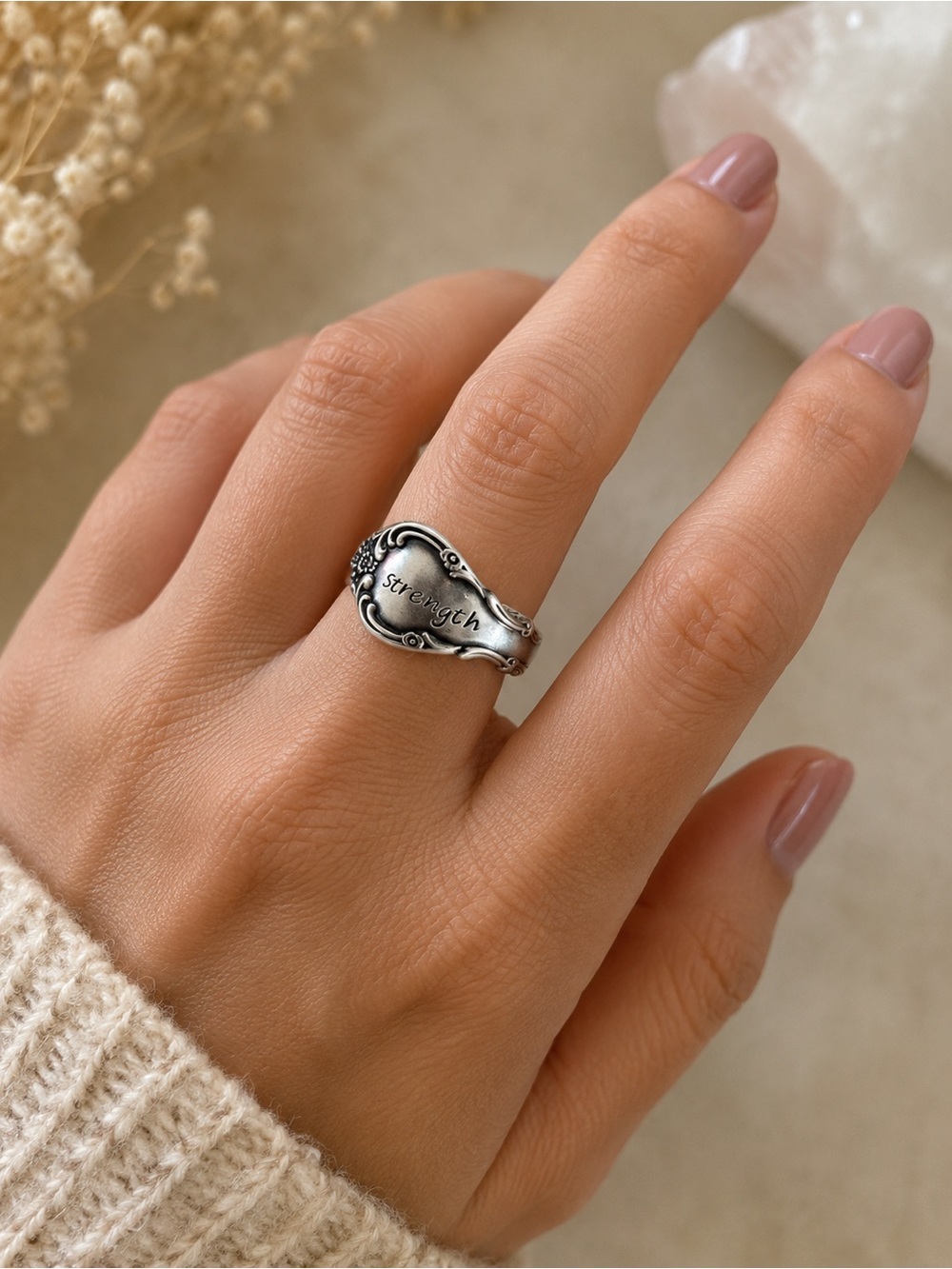 Strength Engraved Silver Spoon Ring - Women Jewelry